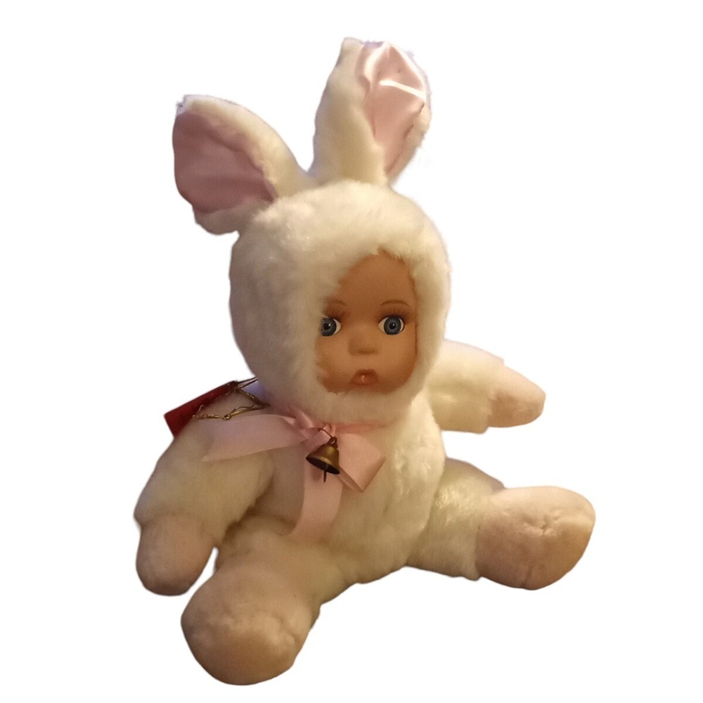 Show-Stoppers Collectible Porcelain Face White Bunny Rabbit Pink Bow Bell Plush